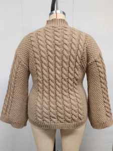 Damen Zopfmuster Pullover Große Größen Hochhalsausschnitt Trompetenärmel Oberteil