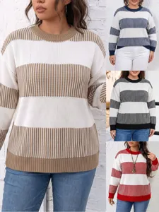 Women's Casual Oversized Color Block Striped Knit Sweater Long Sleeve Crew Neck Pullover Acrylic Fall Winter Top