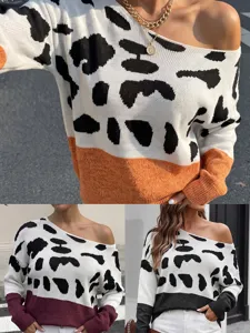Maglione in Maglia da Donna con Stampa Leopardata Color Block Spalle Scoperte Manica a Pipistrello Pullover Casual Streetwear
