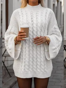 Chic weißer Rollkragen Pullover für Damen, kuscheliger Grobstrick Winter Pulli, Streetwear.