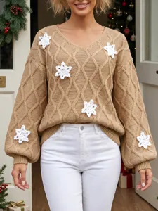 Weihnachtlicher V-Ausschnitt Strickpullover mit weißen Schneeflocken, gemütlicher Damen Winterpullover.