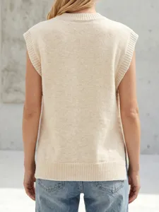 Detailed back view of a minimalist beige knitted sweater vest with ribbed round neck.