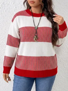 Red and white striped knit sweater for women, casual long sleeve crewneck pullover top.