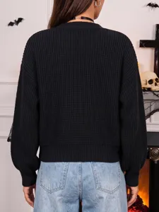 Maglione in maglia nera da donna, cardigan corto e casual, moda comoda per autunno e inverno.