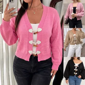 Damen Strickjacke kurzer Pullover Hornknöpfe lässige Oberbekleidung Herbst Winter Top