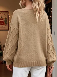 Damen lässiger einfarbiger Zopfmuster Strickpullover mit stilvollen Ballonärmeln für Damen.