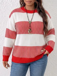 Close-up of a stylish red and white striped knit sweater worn by model for daily wear.