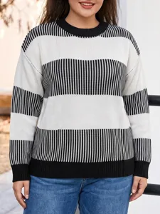 Plus size women black and white striped sweater casual autumn long sleeve knit pullover top