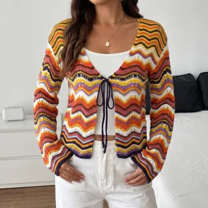 Cárdigan de punto multicolor para mujer con lazo frontal, suéter de rayas arcoíris.
