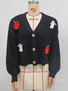 Cardigan in maglia nera con simpatici patch decorativi di fantasmi e mele di Halloween scollo a V.