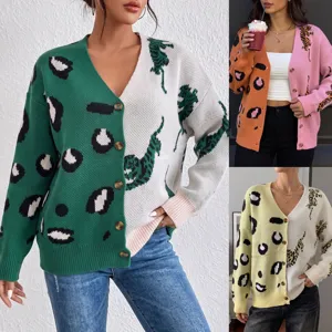Women Colorblock Leopard Print Cardigan V-Neck Long Sleeve Button Down Knit Sweater