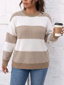 Casual plus size brown white striped knit sweater for women autumn winter long sleeve top