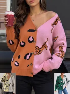 Women's Casual Color Block Splicing Leopard Print Long Sleeve V Neck Single Breasted Loose Knit Cardigan Sweater Outerwear