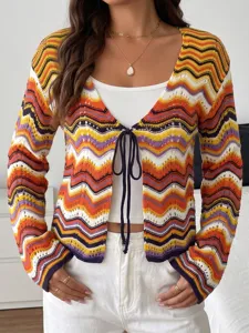 Mujer Cuello en V Manga Larga Acampanada Abierto Delante Con Cordones Rayado Arcoíris Cárdigan de Punto Otoño Invierno Moda Suéter