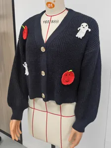 Cardigan Lavorato A Maglia Halloween Donna Carino Fantasma Zucca Uncinetto Casual Maglione