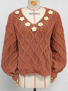 Diamond Jacquard Pullover Sweater Women V-Neck 3D Crochet Daisy Flowers Loose Lantern Top