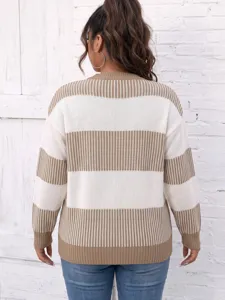 Plus size casual striped colorblock knitted sweater for women, cozy autumn winter top.