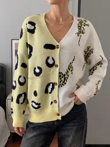 Colorblock leopard and tiger print cardigan sweater with v-neck and button closure for women.