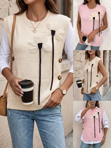 Women Knitted Sweater Vest Round Neck Sleeveless Pullover Top With 3D Floral Patchwork Side Button Detail Knit Waistcoat