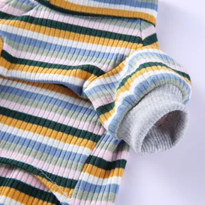 Close-up detail of colorful striped pet dog clothes, soft ribbed knit fabric, turtleneck design.