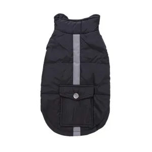 Black pet winter warm vest coat with reflective strip and pocket for small dogs and puppies.