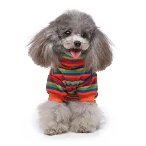 Close-up detail of the colorful rainbow striped turtleneck dog sweater for small pets warm apparel