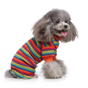 Cute striped pet dog jumpsuit turtleneck pajamas soft knit four-legged apparel for small dogs
