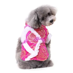 Adorable pet dog winter Tang suit with plush trim, festive Chinese New Year apparel.
