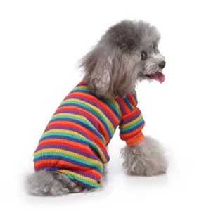 Detailed view of colorful striped dog onesie pajama, soft turtleneck pet clothing four leg.