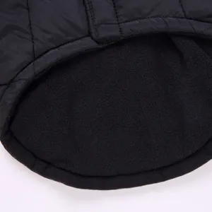 Detailed view of warm black pet winter jacket with cozy fleece lining and quilted outer fabric.