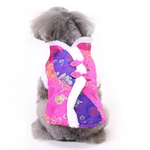 Cozy festive pet Tang suit winter dog clothes with traditional brocade fabric and warm fur collar.