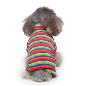 Detail view of the cozy turtleneck pet four-leg jumpsuit with colorful rainbow stripes design.