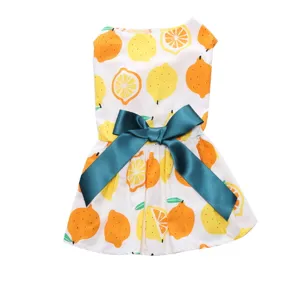 Detailed view of white pet dress featuring vibrant lemon print and a large teal bow