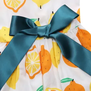 Detail view of a cute pet summer dress with lemon prints and a dark teal satin bow tie.