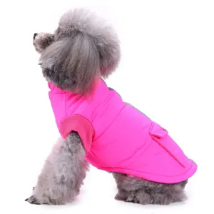 Detail side view of warm pink pet winter jacket coat for small dogs apparel.