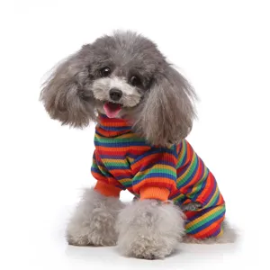 Cute puppy close-up showing details of the colorful striped turtleneck pet pajamas.