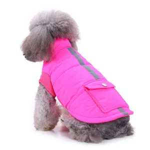 Pink dog winter vest for small dogs, warm puppy jacket with reflective stripe and pocket.