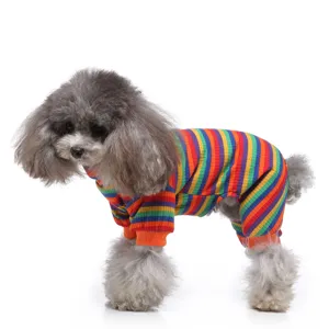 Colorful striped pet dog pajamas four-leg turtleneck clothing soft cozy pet apparel daily wear.