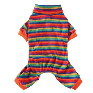 Close-up detail of colorful striped pet jumpsuit with soft ribbed turtleneck and cuffs.