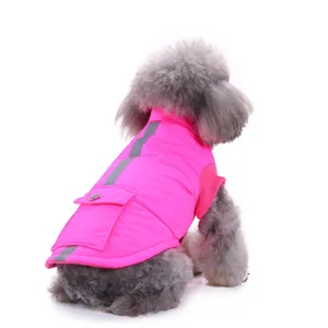 Pink winter pet dog jacket with reflective strips and pocket, warm cotton coat for small dogs.
