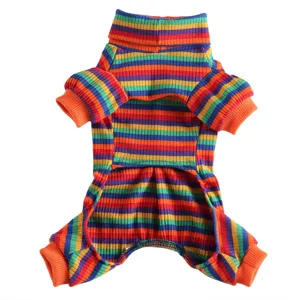 Close-up detail of colorful striped pet jumpsuit, high collar ribbed knit dog pajamas fabric.