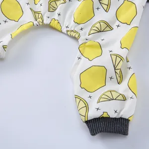 Detailaufnahme eines Haustier-Schlafanzugs mit Zitronenmuster und Rippbündchen.