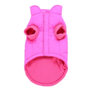 Pink pet winter vest detail showing soft fleece lining, warm padding and ribbed armholes