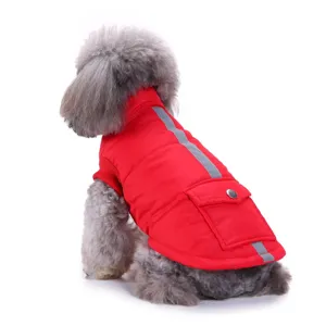 Red winter dog coat for small and medium dogs, warm pet puffer jacket with reflective safety stripe.