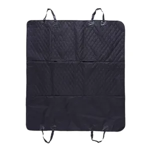 Close-up detail of black quilted waterproof pet car seat mat with adjustable straps and buckles.