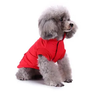 Detailed view of red pet winter jacket, cozy ribbed collar design for small dogs warmth.