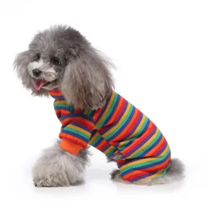 Cute striped dog pajamas with high collar, soft four-leg pet apparel for small dogs main view.
