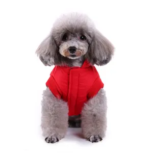 Close-up detail of the red pet winter jacket, showcasing warm fabric and snug fit for small dogs.