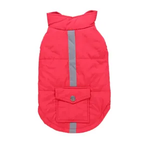 Detailed close-up view of red pet winter cotton coat with safety reflective strip and pocket.