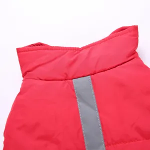 Red pet winter coat detail, warm dog vest with reflective stripe for small and medium dogs.